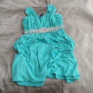 Sky turquoise cocktail mini dress sleeveless v-neck with designed center.